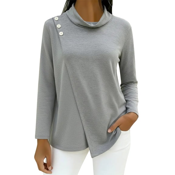 Long Sleeve T Shirt Women Asymmetric Half High Collar Button Long Sleeve Plus Size Tops