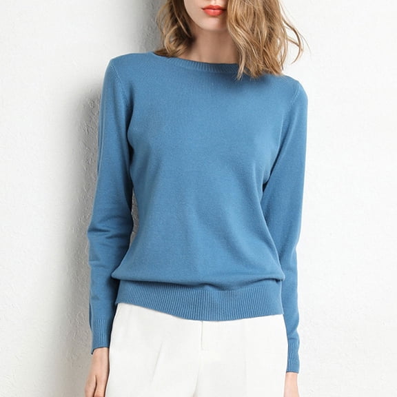 Long Sleeve T Shirt Women Casual Knitted Layering Top Shirts Trendy Comfy Crew Neck Ladies Tops and Blouses Blue M