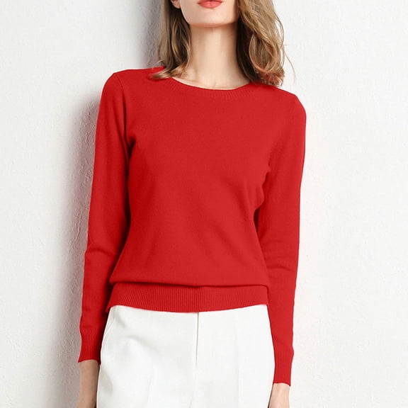Long Sleeve T Shirt Women Casual Knitted Layering Top Shirts Trendy Comfy Crew Neck Ladies Tops and Blouses Red L