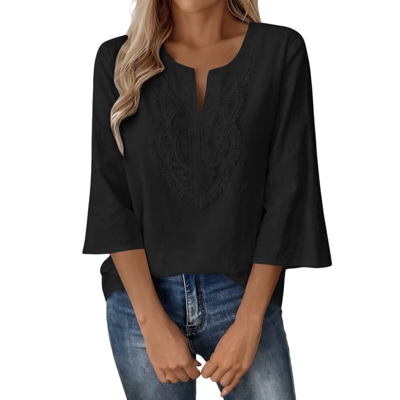 Long Sleeve T Shirt Women Cotton Linen Lace V Neck 3/4 Sleeve Loose Casual Trendy Tops