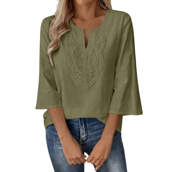 Long Sleeve T Shirt Women Cotton Linen Lace V Neck 3/4 Sleeve Loose Casual Trendy Tops