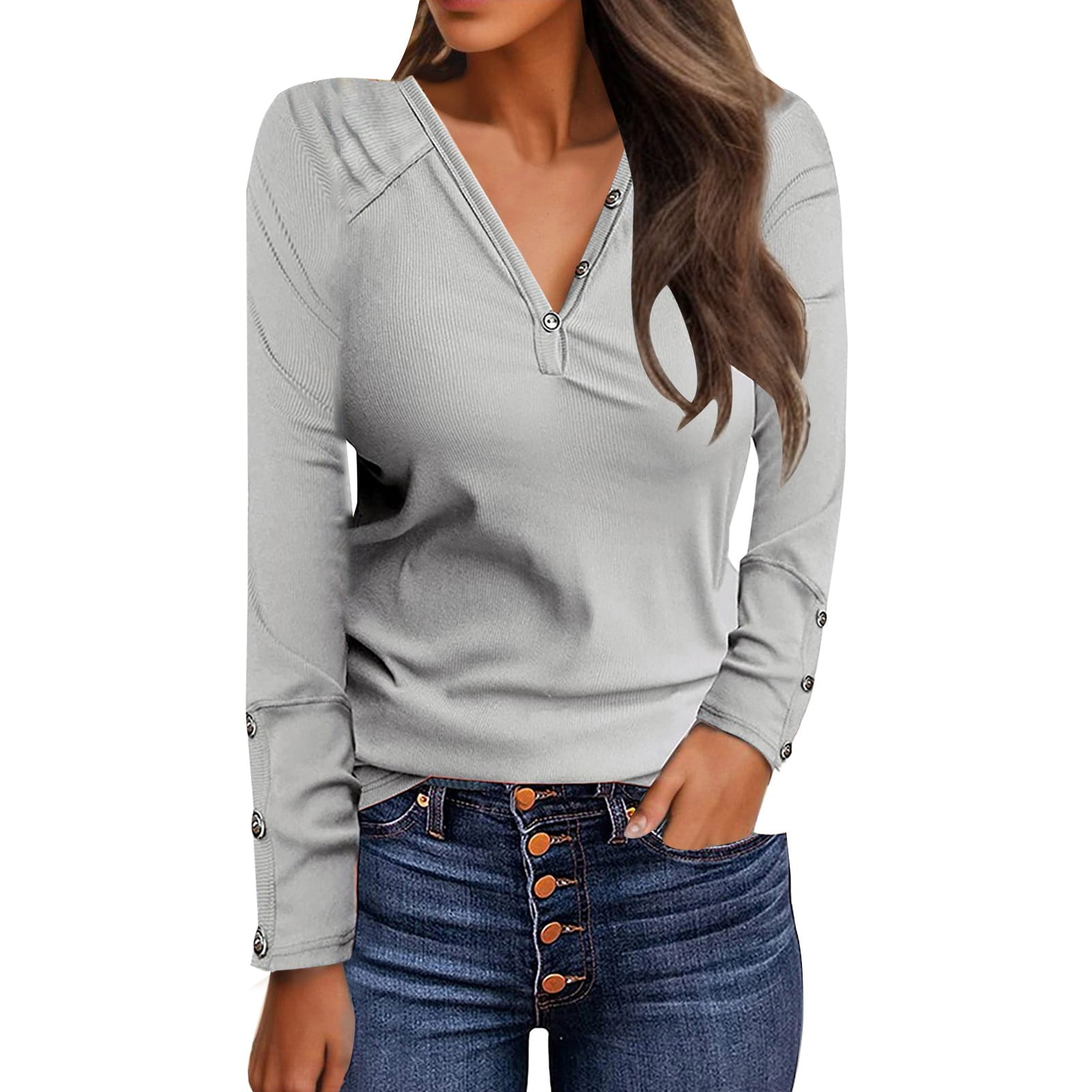 Long Sleeve T Shirt Women Cotton Women's Solid Color Buttoned V Neck ...