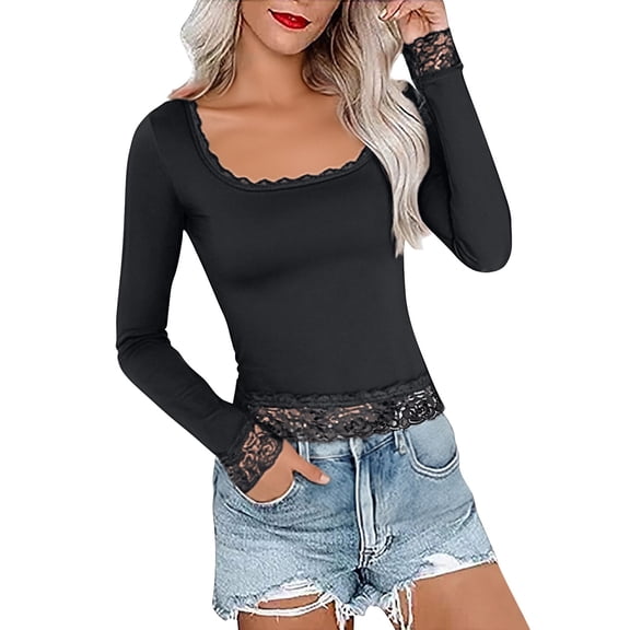 Long Sleeve T Shirt Women Lace Trim Open Collar Long Sleeve Slim Basic Trendy Tops