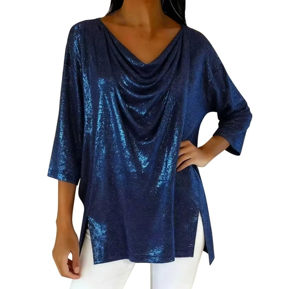 Long Sleeve T Shirt Women Pile Collar Sequin Slit 3/4 Sleeve Loose Casual Plus Size Tops