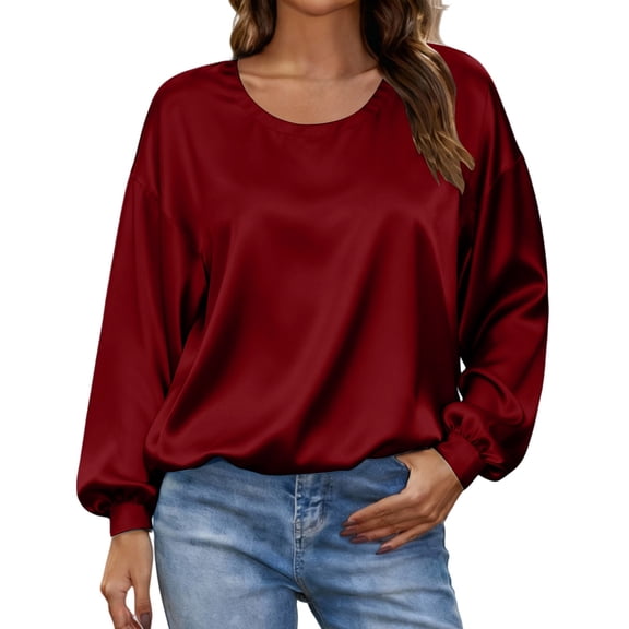 Long Sleeve T Shirt Women Satin Pleated Long Sleeve Fall Business Work Casual Trendy Tops