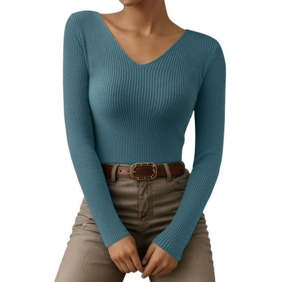 Long Sleeve T Shirt Women Slim V Neck Casual Thermal T Shirts Casual Stretch Tops Tight Basic Tee Solid Color Women Tees Navy One Size