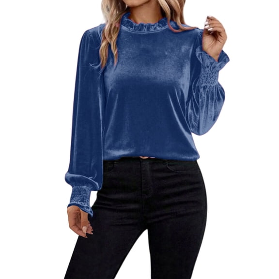 Long Sleeve T Shirt Women Velvet Frill Mock Neck Long Sleeve Fall Spring Loose Trendy Tops