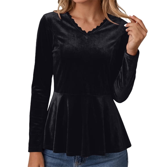 Long Sleeve T Shirt Women Velvet Lace Trim V Neck Ruffled Loose Elegant Plus Size Tops