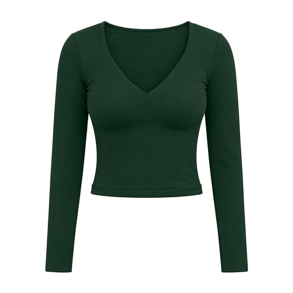 Long Sleeve T Shirt Womens Solid Color Slim Fit Casual Top V Neck Elegant Basic Tee for Daily Wear A-Green M