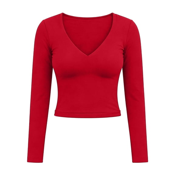 Long Sleeve T Shirt Womens Solid Color Slim Fit Casual Top V Neck Elegant Basic Tee for Daily Wear A-Red L