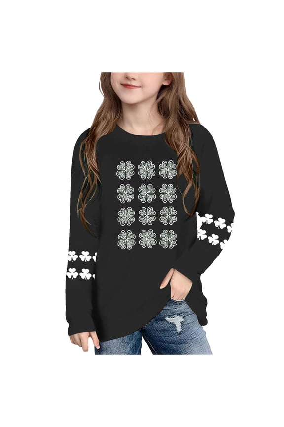 Long Sleeve T-Shirt for Girls Celtic Shamrock Grid Print Top Kids Daily School Play Spring Holiday Festival Wear for Teen