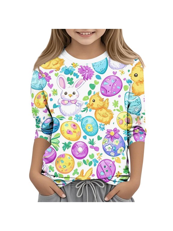 Long Sleeve T-Shirt for Girls Cute Bunny Face Floral Egg Print Casual Crewneck Top Kids Daily Playwear Spring Easter Festival Outfits for Teen