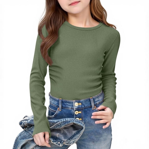 Long Sleeve T-Shirt for Girls Ribbed Texture Crew Neck Basic Solid Top Kids Daily School Comfort Fall Playwear Casual Outfit for Teen