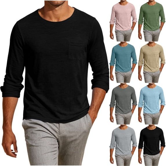 Long Sleeve T Shirt for Men Solid Color Basic Crew Neck Tops Casual Comfy Work Top Breathable Pullover Tshirt Army Green L