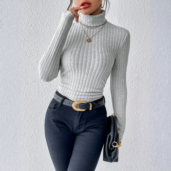 Long Sleeve T-Shirt for Women Ribbed Knit Turtleneck Slim Fit Sweater Top, Stretchy Casual Pullover for Fall Winter