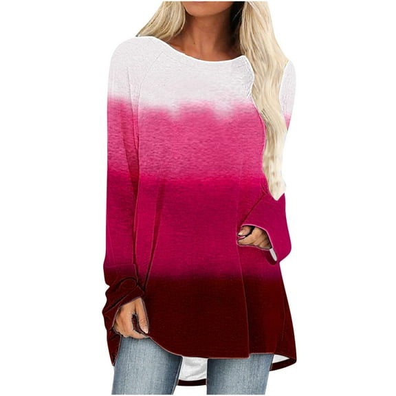 Long Sleeve T Shirt for Women Round Neck Casual Loose Fitting Summer Fall Cotton Flowy Tie-Dye T-Shirt Blouse Tops,Hot Pink,2XL