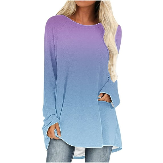 Long Sleeve T Shirt for Women Round Neck Casual Loose Fitting Summer Fall Cotton Flowy Tie-Dye T-Shirt Blouse Tops,Light Blue 1,3XL