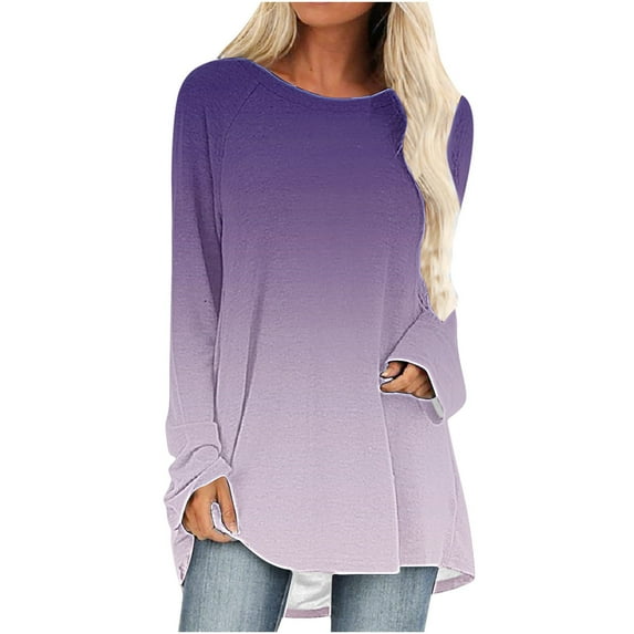 Long Sleeve T Shirt for Women Round Neck Casual Loose Fitting Summer Fall Cotton Flowy Tie-Dye T-Shirt Blouse Tops,Purple 1,M