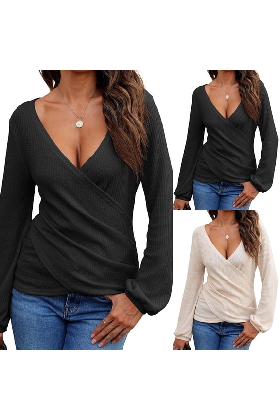 Long Sleeve T Shirt for Women V Neck Knit Wrap Solid Color Tees Casual Fashion Loose Tops