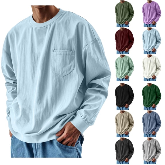 Long Sleeve T Shirts for Men Crewneck Long Sleeve Shirt Plus Size Men Solid-Color Casual Loose Fashionable Button Pocket Sports Stand-up Collar Mens Shirts Under $10, M