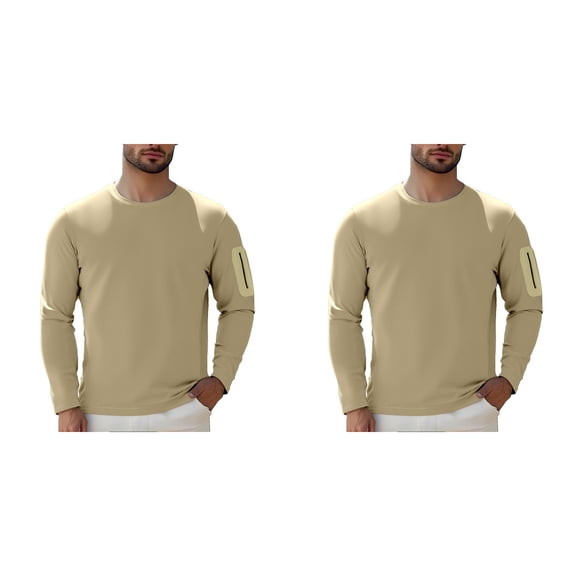 Long Sleeve T Shirts Mens 2 Pack Solid Color Casual Elastic Breathable Knit Mens Pullover Slim Round Neck Long Sleeve T Shirts for Men Khaki XL