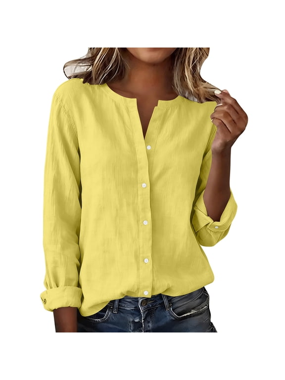 Long Sleeve T Shirts Women Linen Grandad Neck Button Down Ladies Tops for Women Roll UP Sleeve Plain Gauze Blouses Casual Work Office Smart Shirts Tops