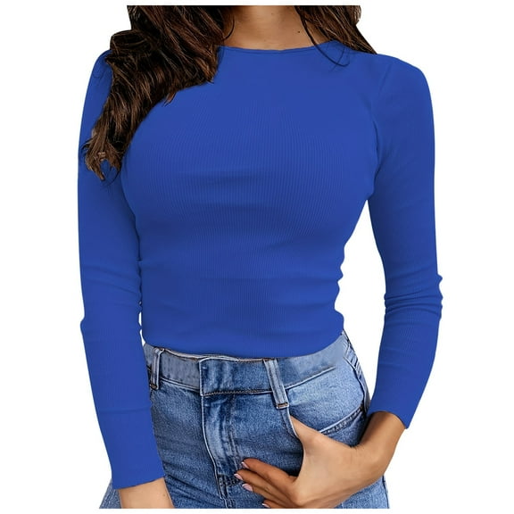 Long Sleeve T Shirts Womens Solid Color Thermal T Shirts Casual Crew Neck Tops Stretch Basic Tee Slim Women's T Shirts Blue L