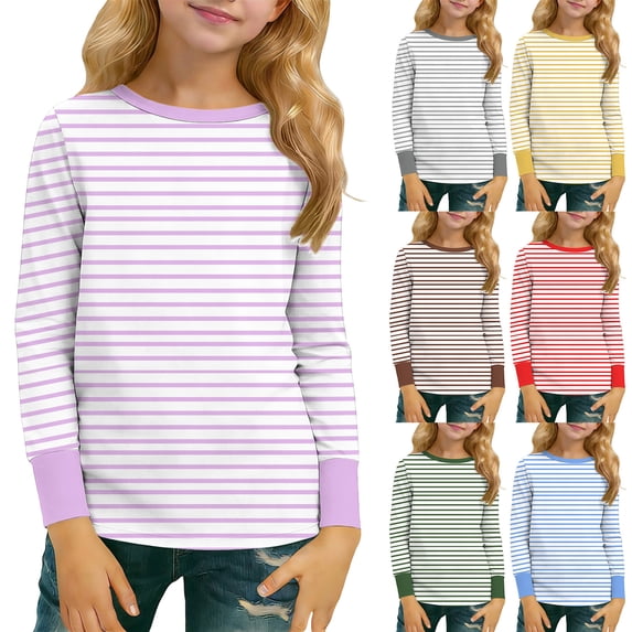 Long Sleeve T-Shirts for Boys Girls 5-16 Years Crewneck Striped Tops Lightweight Colorblock Casual Spring Fall (15 Years, Purple)