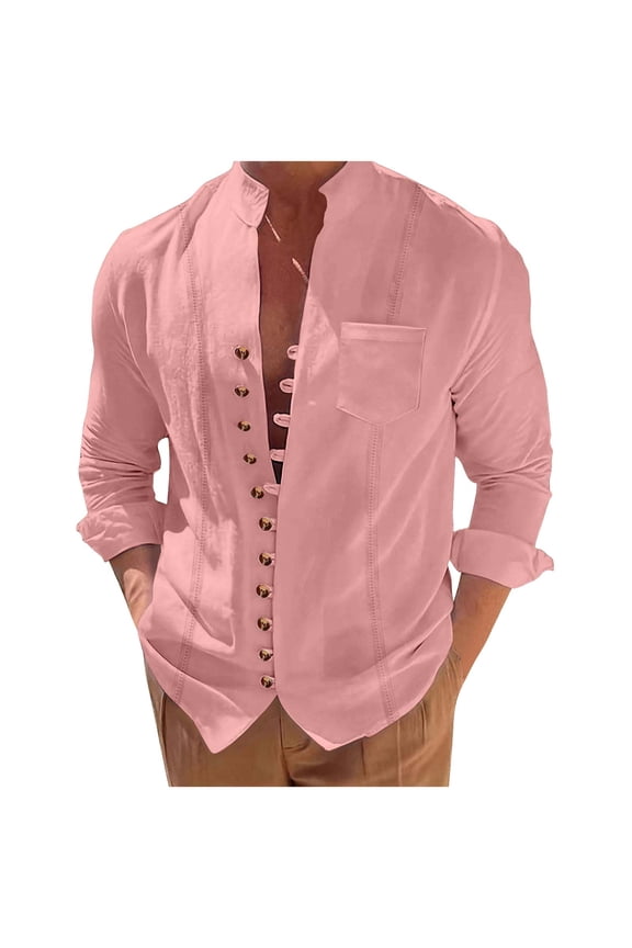 Long Sleeve T Shirts for Man Summer Fall Collared V Neck Faux Linen Lounge Basic Tops Shirt Man Button 2026 Clothes Fashion Y2K XXL