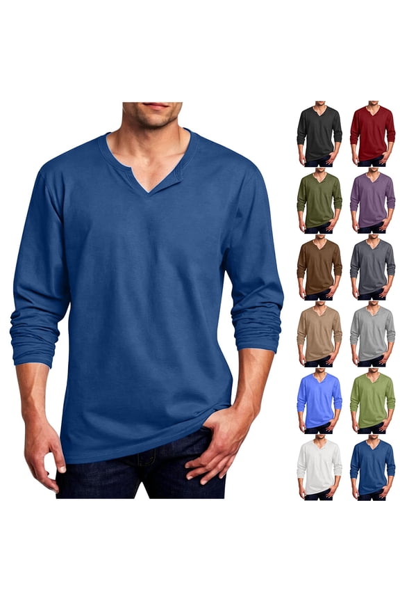 Long Sleeve T-Shirts for Men Big and Tall Casual Spring Fall Winter Basic Tee Split V Neck Loose Fit Tops (L, Navy)