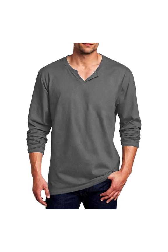 Long Sleeve T-Shirts for Men Big and Tall Casual Spring Fall Winter Basic Tee Split V Neck Loose Fit Tops (XL, Dark Gray 07)