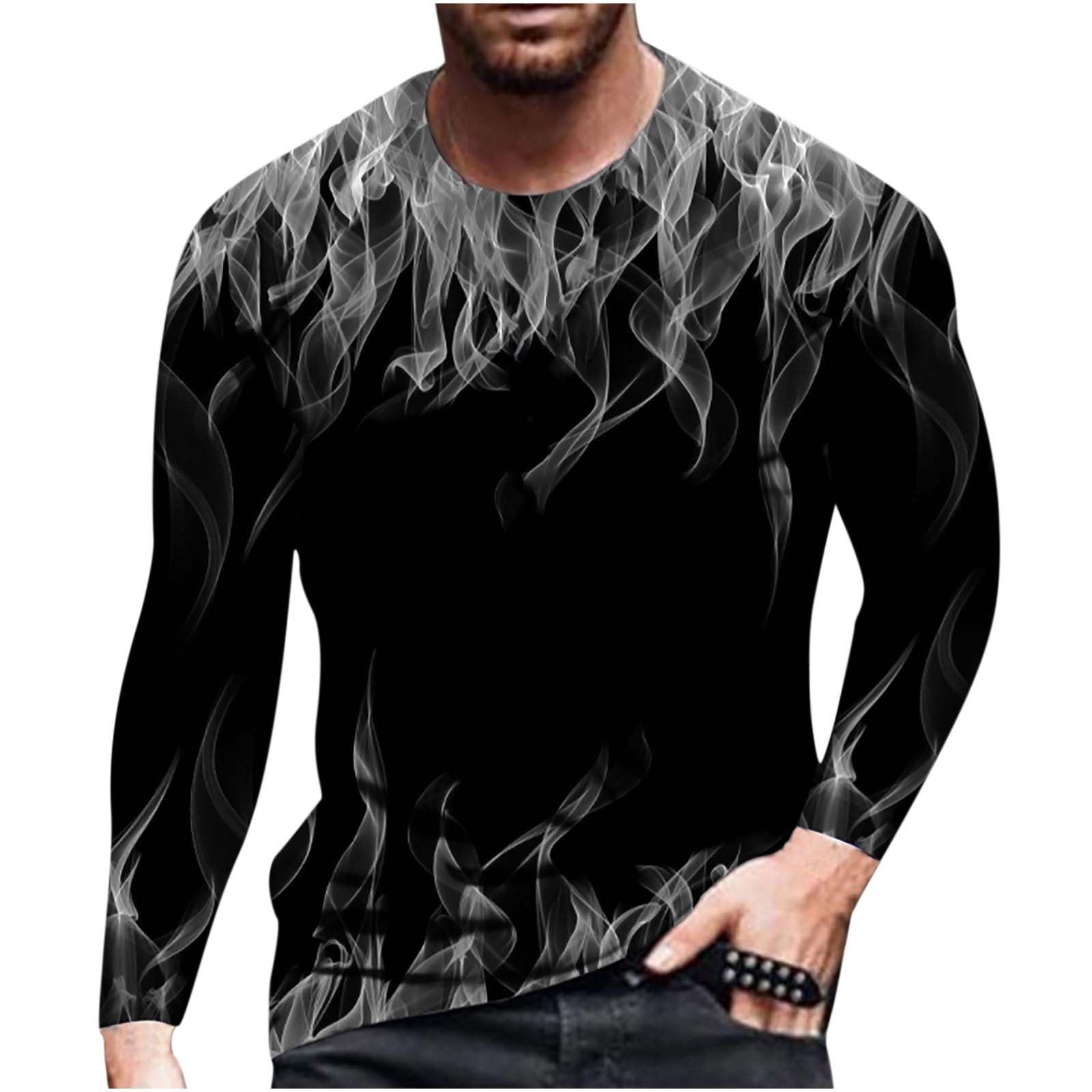 Long Sleeve T-Shirts for Men Fashion Realistic 3D Digital Fire Printed  Tshirt Muscle Workout Athletics Tee Tops 