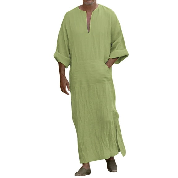 Long Sleeve T Shirts for Men UV Hiking Outdoor Wear Mens V Neck Linen Long Sleeve Kaftan Thobe Long Gown Shirt Robe Casual Gown