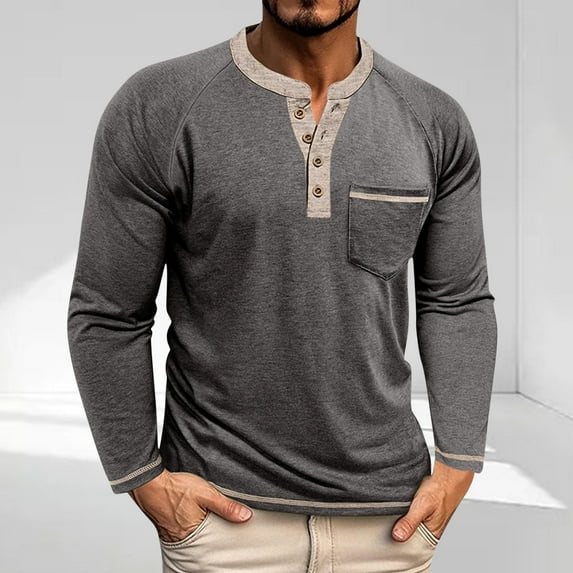 Long Sleeve T Shirts for Men with Pocket Button Crewneck T-Shirts Mens Casual Color-Block Pullover Relaxed Going Out Loungewear Tees Tops