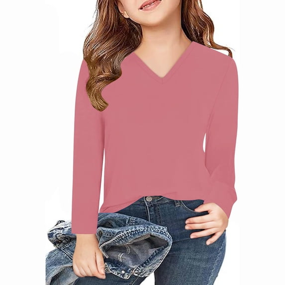 Long Sleeve T Shirts for Teen Girls & Boys Trendy V Neck Tops Size 3-14 Unisex Casual Solid Color Pullover Basic Going Out Blouses Top