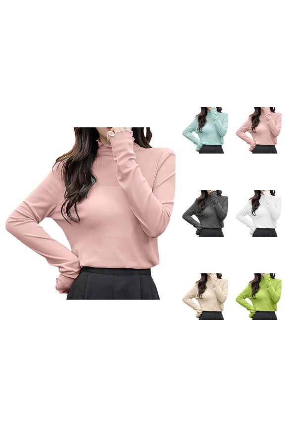 Long Sleeve T Shirts for Women 2026 Lightweight Cute Lettuce Hem Mock Neck See through Mesh Tshirt