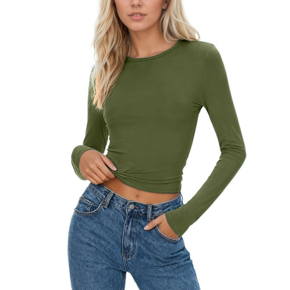 Long Sleeve T Shirts for Women Casual Thermal T Shirts Crew Neck Stretch Basic Tee Tight Casual Slim Solid Color Tops Plus Size Tees Green XS
