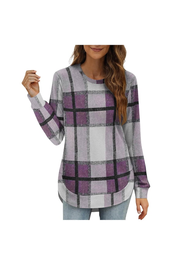 Long Sleeve T Shirts for Women Dress Casual Crew Neck Plaid Tunic Blouses Fashion Loose Fall Tops