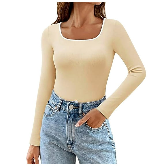 Long Sleeve T-Shirts for Women Square Neck Knit Fall Fashion Tunic Tops Slim Fit Solid Going Out Basics Tees Y2k Clothes