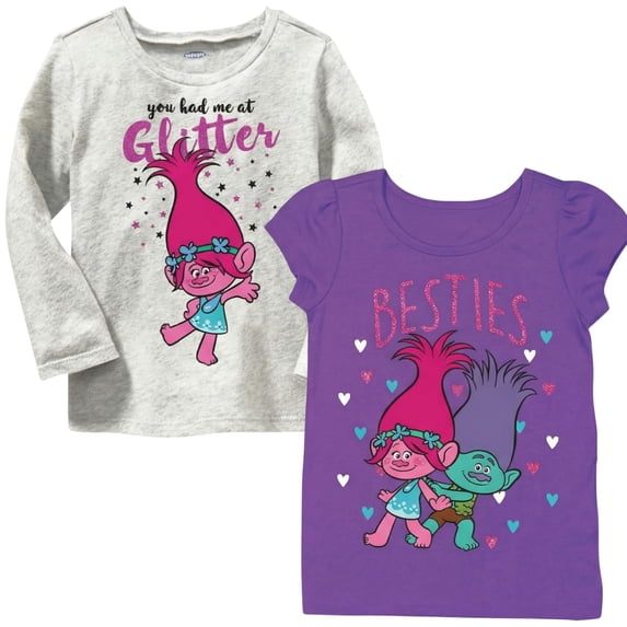 Trolls Toddler Girls T-Shirt 2 Pack Short Sleeve & Long Sleeve Graphic Tee, Sizes 2T-5T