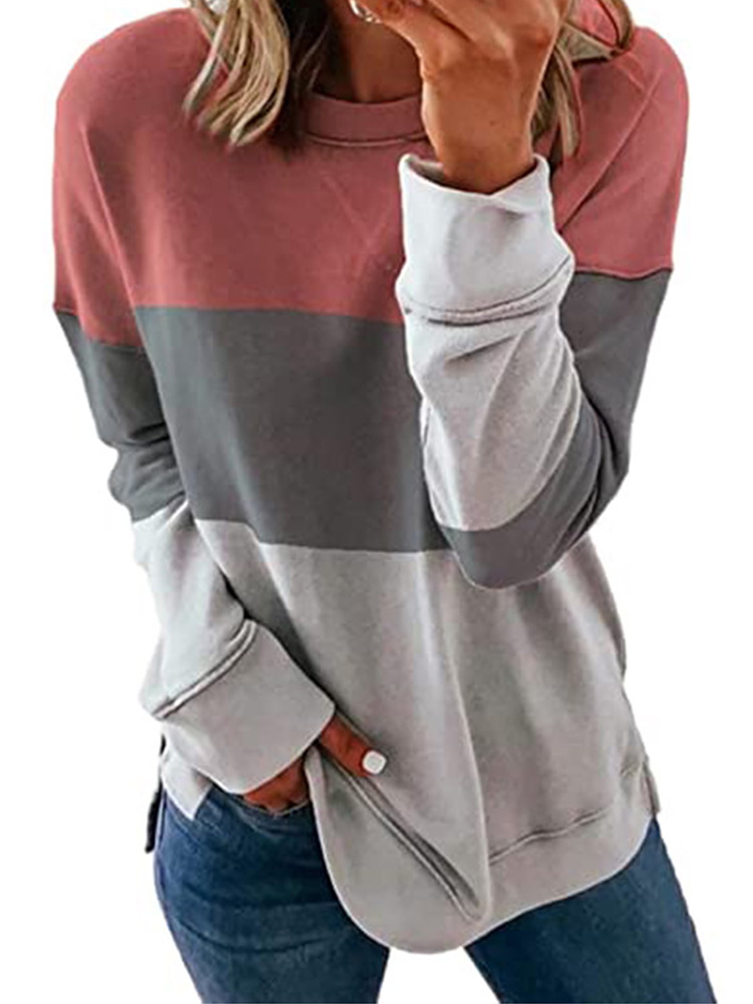 Long Sleeve T-shirt for Women Blouses Color Block Striped Pullover Long ...