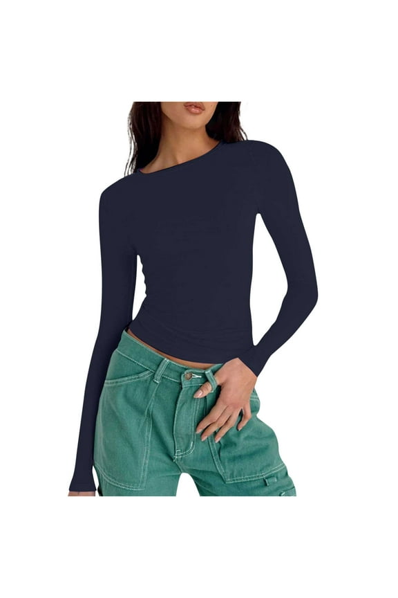 Long Sleeve T-shirts Women Slim Fit Base Tees Crewneck Y2k Tops Plain Casual Yoga Spring Fall Tshirts (S, Navy Blue)