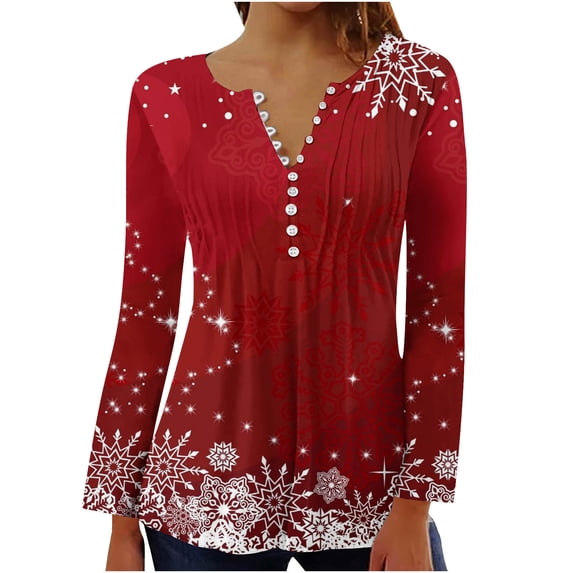 Long Sleeve Tee Shirt Ladies Festival New Years Outfit Henley Neck Trendy Snowflake Print Christmas Holiday Tops (Small, Red 09)