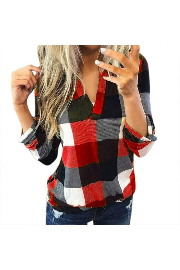 Long Sleeve Tee Shirts For Women, Women Casual Cotton Long Sleeve Plaid Shirt Women's Slim Jacket Shirt Top Camisetas De Mujer De Moda