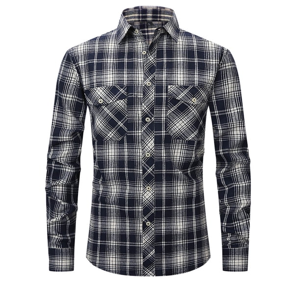 Long Sleeve Tee Shirts for Men Casual Plaid Pattern Shirts for Men Lapel Collar Mens Dress Shirts Trendy Fitted Button Up Work Tops with Pocket(Clearance-Sale,Navy,S)