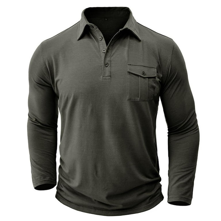 Long Sleeve Tee Shirts for Men Casual Solid Color Shirts for Men Lapel Collar Mens Dress Shirts Trendy Fitted Button Up Workout Tops with Pocket Clearance Sale Gray 2XL Walmart