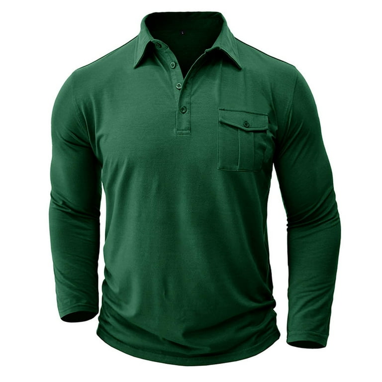 Long Sleeve Tee Shirts for Men Casual Solid Color Shirts for Men Lapel Collar Mens Dress Shirts Trendy Fitted Button Up Workout Tops with Pocket Clearance Sale Green XL Walmart