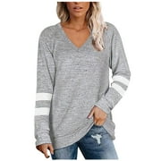 GUZYING Long Sleeve Tee Shirts for Women Black Long Sleeve Shirt Women Women's Casual V-Neck Long Sleeve Patchwork Loose Shirt Blouse Tops Blouses for Women Fashion 2022 Ladies Tops and Blouses