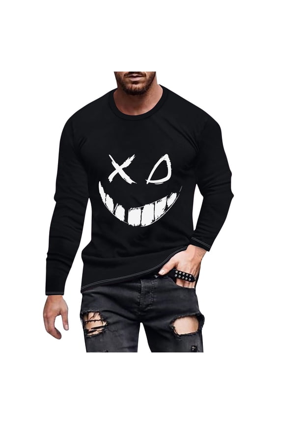 Long Sleeve Tee Shirts for Men! ZVNAΖH Smiling Face Printed Crew Neck T-shirt, Casual Pullover Undershirt Top, Sizes S-5XL