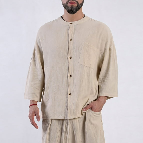 Long Sleeve Tee Shirts for Men Cotton Linen Crewneck Shirt Casual Button Down Tops Fall Fashion Dress Shirt with Pocket